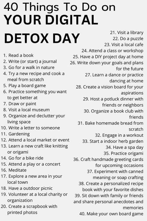 40 things you can do on your digital detox day to reconnect with the world around you and rediscover the joy of offline living ������ Digital Detox Ideas, No Phone Day Ideas, Things To Do Not On Phone, Things To Do Offline, Things To Do Without Your Phone, Digital Detoxing, Detox Life, Offline Activities, Digital Detox Challenge