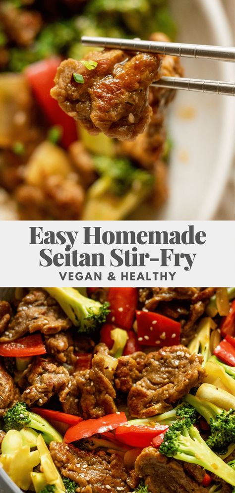 An easy homemade seitan used in a flavorful maple sesame vegetable stir-fry. No baking or steaming needed for making the seitan, and it's perfectly chewy and high in plant protein. Easy Seitan Recipes Vegan, Takeout Recipes, Homemade Seitan, Vegan High Protein, Ms Diet, Healthy Vegan Dinner Recipes, Vegan Stir Fry, Nourish Bowl, Seitan Recipes