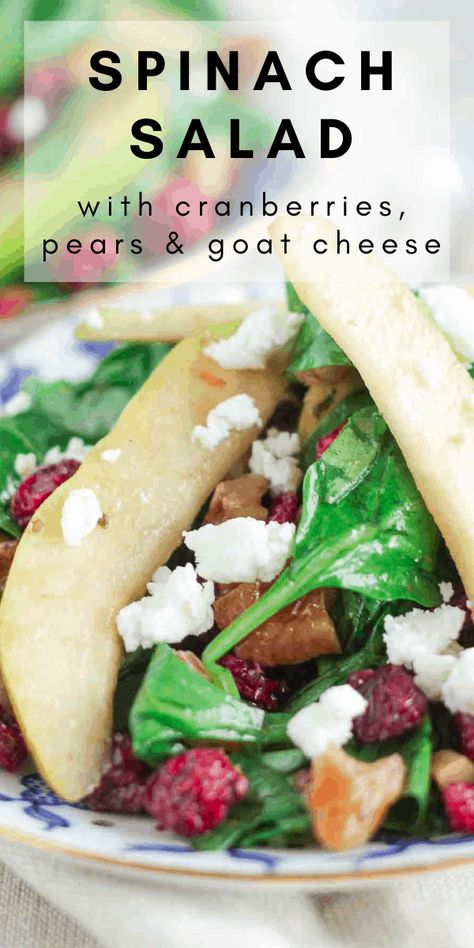 Pear Recipes Dinner, Spinach Salad With Cranberries, Pear Recipes Easy, Easy Spinach Recipes, Cranberry Spinach Salad, Simple Balsamic Vinaigrette, Salad With Cranberries, Spinach Salad With Chicken, Pear Salad Recipes