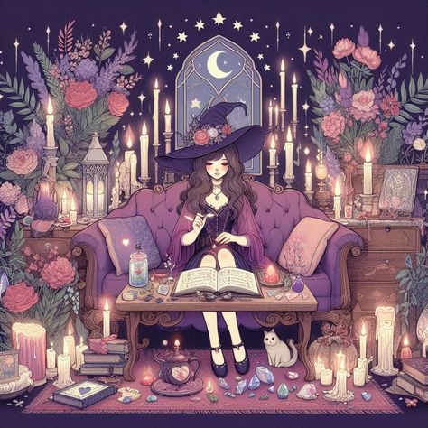 Kawaii Witch Aesthetic, Cosmic Witch Aesthetic, Witchy Images, Witch Drawings, Kawaii Witch, Retro Witch, Pink Witch, Moon Background, Fairy Witch