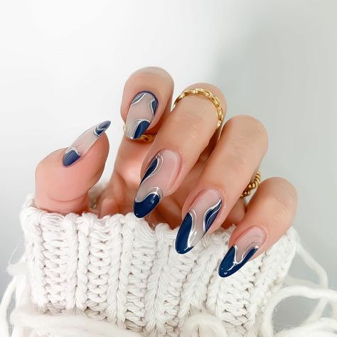 Navy And Silver Nails, Moonstone Nails, Navy Blue Nail Designs, Dance Nails, Blue Prom Nails, Blue And Silver Nails, Hoco Nails, Silver Nail Designs, Navy Nails