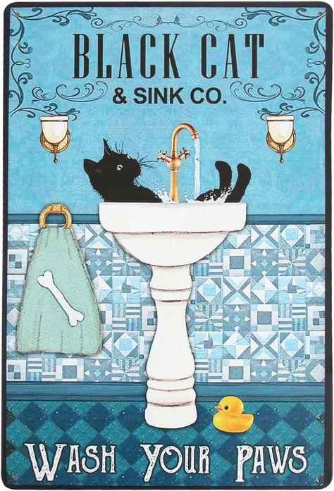 This playful wall decor features a whimsical illustration of a black cat lounging in a sink. The sign reads "BLACK CAT & SINK CO." in bold letters at the top, with the humorous instruction "Wash Your Paws" at the bottom, encouraging good hygiene in a fun and lighthearted way. This decor piece is perfect for adding a touch of humor and personality to your home. The blue and white color scheme, complemented by gold accents, creates a vintage and cozy atmosphere. Home Animal, Animal Poster, Diamond Embroidery, Animal Posters, Embroidery Kit, Vintage Cat, Scented Soy Candles, Paint Kit, Posters Prints