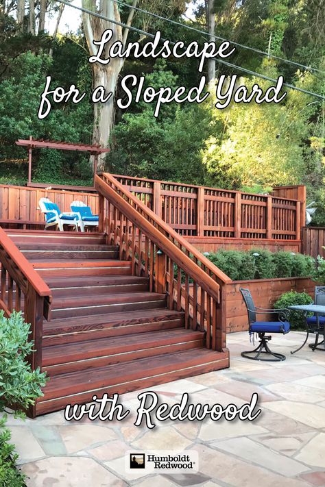 Find more inspiration photos on our website, www.getredwood.com. Project designed and built by Metamorphosis Landscape Design, www.metamorphosislandscape.com  Backyard Ideas | Redwood Deck | Beautiful Landscape Design | Backyard Inspiration | Outdoor Living | Backyard Design Ideas | Building Material | Outdoor Design with Redwood | Natural Wood | How To Get a Perfect Backyard | Beautiful Outdoor Space | Relax in Redwood | Backyard Inspiration | Landscaping for a Sloped Yard | Landscape on a Hill Pool Landscaping On A Slope, Up Hill Backyard Ideas, Backyard Bank Landscaping, Deck Over Sloped Backyard, Decks On A Sloped Yard, Building A Deck On A Slope, Backyard On A Hill Sloped Yard, Backyard With A Hill, Deck On A Hill Sloped Yard