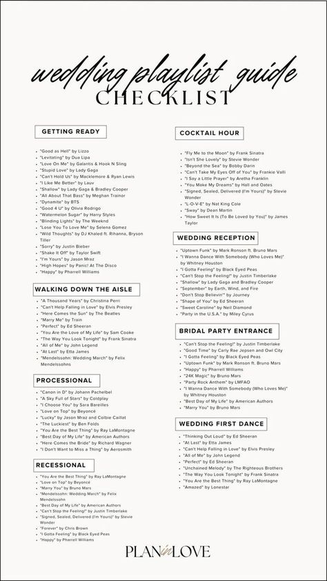 Dj Checklist For Wedding, Wedding Reception Song List, Wedding Music List Template, Sign List For Wedding, Fun Wedding Playlist, Wedding Ceremony Song List Template, Wedding Song Playlist Template, Dj Playlist Wedding Template, Wedding Songs Checklist