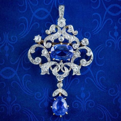 Art Nouveau, Italian Liberty, Belle Epoque, Beaux Arts & Art Deco | Antique Edwardian Ceylon Sapphire Diamond Pendant 6.04ct Sapphires With Cert | Facebook Sapphire Diamond Pendant, Art Nouveau Pendant, Pendant Brooch, Edwardian Jewelry, Ceylon Sapphire, Work Design, Pink Topaz, Belle Epoque, Early 1900s