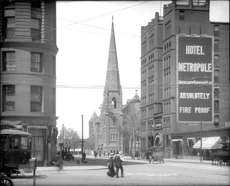 View towards Trinity Methodist Church, Hotel Metropole and edge of Brown Palace on Broadway from 17th (Seventeenth) Avenue, Denver, Colorado. Between 1911 and 1920. (Louis Charles McClure/Denver Public Library/Western History Collection/MCC-1055)  historic; denver public library; dpl; archive; archival; denverite Denver Architecture, Denver History, Colorado Photos, Colorado History, Romantic City, Methodist Church, Under The Influence, Ho Scale, Denver Colorado