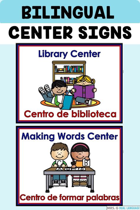 Bilingual classroom decor. Center or station posters for the bilingual English-Spanish or Dual Language Classroom for your back to school classroom decor. English words are in blue and Spanish words are in red, for those following the Gomez & Gomez model. It includes 31 center signs to label your learning stations and cards for the pocket chart. Bilingual Centers Dual Language, 1st Grade Bilingual Classroom, Bilingual Classroom Decor Dual Language, Elementary Spanish Classroom Decor, Gomez And Gomez Dual Language Classroom, Bilingual Kindergarten Classroom, Bilingual Classroom Labels, Preschool Reading Area, Preschool Center Labels