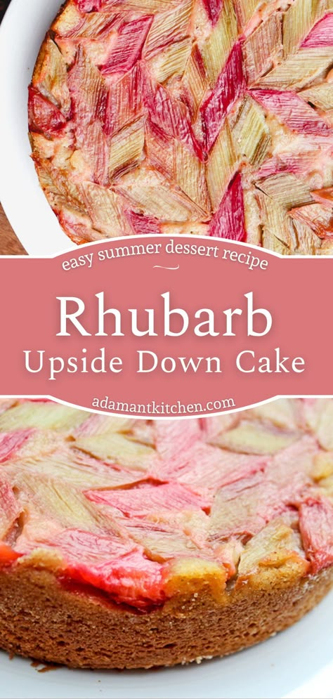 Easy Rhubarb Upside-Down Cake Recipe - If you're looking for garden rhubarb ideas, you're going to love this easy summer dessert recipe! Homemade rhubarb upside down cake is simple to make and is one of the best springtime desserts made from scratch. This rhubarb cake is perfect for a crowd at your next BBQ or cookout. Easy Rhubarb Cake, Quick Rhubarb Recipes, Rhubarb Pound Cake Recipes, Rhubarb Raspberry Recipes, Rhubarb Puff Pastry Recipes, Easy Rhubarb Desserts, Upside Down Rhubarb Cake Recipe, Recipes With Rhubarb, Rhubarb Healthy Recipes