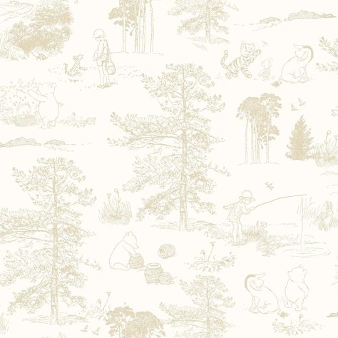 Beige Winnie The Pooh Toile Peel & Stick Wallpaper, Wallpaper - Amazon Canada Toile Peel And Stick Wallpaper, Winnie The Pooh Christopher Robin, Roommate Decor, Winnie The Pooh Nursery, Dorm Furniture, Wood Nursery, Hundred Acre Woods, Amazon Canada, Neutral Wallpaper