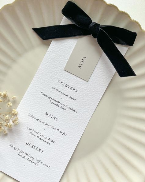 Our new Ayda Menus ✨ Add some luxury to your wedding meal with our bespoke menus, tailored to your theme ! #weddinginspiration #weddingideas #weddingdecor #weddingseason #weddingsireland #weddingsupplierireland #irishweddingsuppliers #irishbride #bridetobe #weddingmenu Bow Menu Wedding, Wedding Menu With Bow, Timeless Wedding Theme, Wedding Rehearsal Dinner Ideas, Wedding Menu Table, Wedding Menu Ideas, Black And White Wedding Theme, Birthday Menu, Menu Wedding