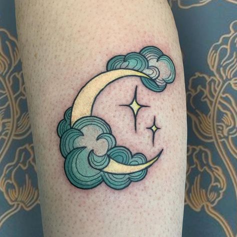 Traditional Tattoo Clouds, Tattoo Para, Traditonal Tattoo, Cloud Tattoo Design, Celestial Tattoo, Surreal Tattoo, App Filter, Tattoos Men, Crescent Moon Tattoo