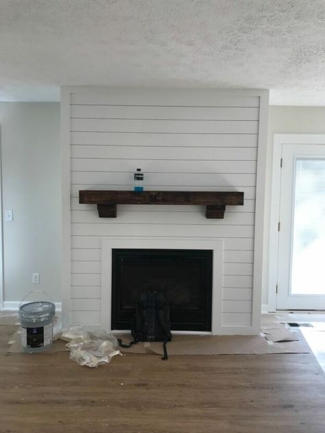 Rustic Lounge, Diy Shiplap Fireplace, Fireplace Redo, Wood Mantel, Faux Fireplace Diy, Brick Fireplace Makeover, Shiplap Fireplace, Diy Shiplap, Farmhouse Fireplace