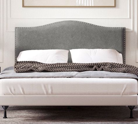 Glenwillow Kameli Nailhead-Trim Camelback Upholstered Headboard | Mattress Firm Upholstery Headboard, Bedroom Transitional, Low Profile Platform Bed, Upholstery Foam, Headboard Designs, New Beds, Make Your Bed, Platform Bed Frame, Upholstered Platform Bed