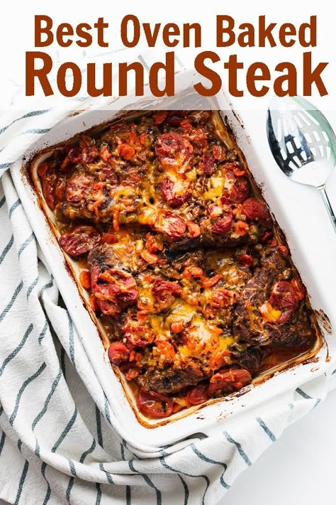 Oven baked round steak is the perfect comfort food for this fall. The fifteen minutes of prep is even more comforting during this busy time of year!  #3scoopsofsugar #steak #bakedsteak #comfortfood Oven Baked Round Steak, Tenderized Round Steak Recipes, Round Steak Recipe, Tenderized Round Steak, Oven Baked Steak, Steak In The Oven, Beef Round Steak, Top Round Steak, Round Steak Recipes