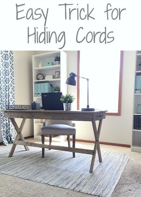 This trick to hiding cords in the office is so easy! Why didn't I think of this?! Hiding Cords On Desk In Middle Of Room, Hiding Cords, Red Yucca, Office Update, Farmhouse Office Decor, Home Office Layouts, Lavender Laundry, Cheap Office Furniture, Hide Cords