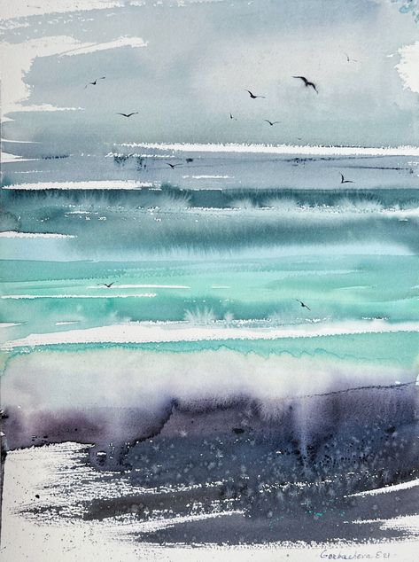 Abstract Sea Painting Original Watercolor, Nordic Seascape, Ocean Wave Wall Art, Contemporary Home Wall Decor, Gift - Etsy UK Abstract Art Sea, Big Watercolour Painting, Seaside Watercolour, Watercolour Seascapes, Sea Watercolor Painting, Watercolor Art Blue, Abstract Seascape Paintings, Watercolour Ocean, Ocean Abstract Art