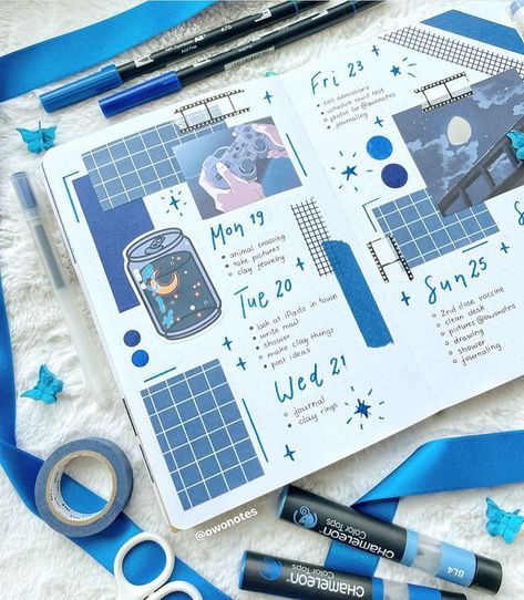 Blue Journal Ideas, Blue Journal, Blue Scrapbook, Mind Map Design, Journal Elements, Bulletin Journal Ideas, Drawing Journal, Bullet Journal Aesthetic, Cute Journals