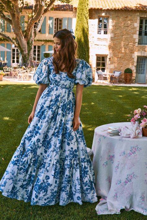 Floral Blue Maxi Dress, Cotton Full Length Dress, Elastic Back Dress, Wedding Dress With Blue Flowers, Modest Clothes For Summer, Full Length Dress Casual, Spring Dresses Aesthetic, Casual Maxi Dress With Sleeves, Flowy Dresses Casual