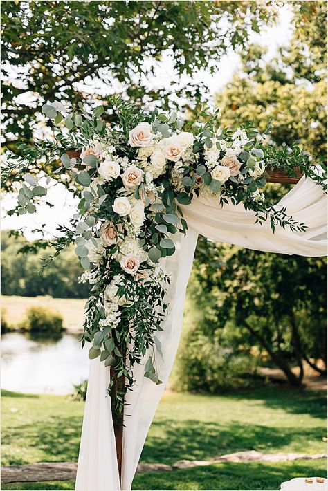 Gorgeous Outdoor Wedding Ceremony Arbor with Draping and Flowers at The Farm at Eagles Ridge, LANCASTER PA Greenery Wedding Arch Outdoor Ceremony, Wedding Flower Arches Outdoor, Wedding Arch Flowers With Drape, Wedding Flowers Archway, Floral Arbor Wedding Outdoor Ceremony, Flowers For Arch Wedding, Arbor With Flowers, Flowers For Arch, Flowers On Arch