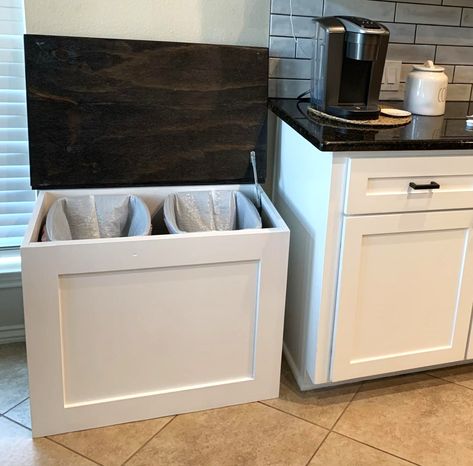 Small Kitchen Island With Garbage Can, Recycle And Trash Bins Ideas, Trash Can Storage Kitchen Diy, Trash Cabinet Diy, Diy Garbage Can Storage Kitchen, Double Trash Can Cabinet, Diy Trash Can Cabinet, Double Trash Can, Diy Corner Cabinet