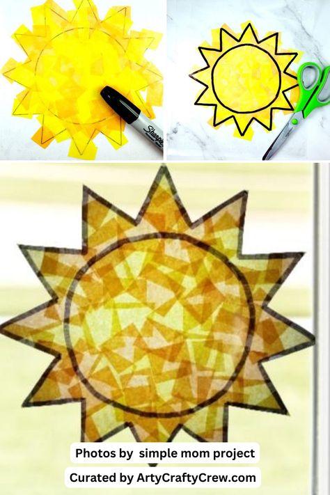 Looking for an activity this summer? Try making these 15 colorful DIY suncatchers with your kids. They're fun and easy to make, and they'll add color to any room. Curated by Arty Crafty Crew. Sun Template Free Printable, Diy Suncatchers For Kids, Suncatchers For Kids, Sun Craft, Sun Crafts, Diy Suncatchers, Diy Staining, Suncatcher Craft, Stained Glass Diy