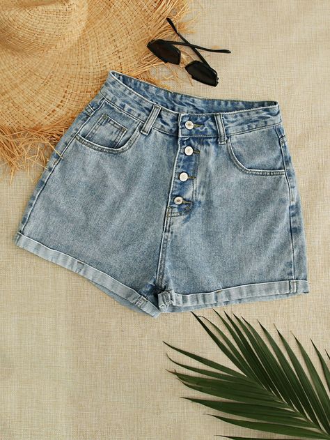 Plus Button Front Roll Up Hem Denim Shorts | SHEIN USA Flat Lay Photography Fashion, Selling Clothes Online, Stretch Denim Shorts, Flatlay Styling, Clothing Photography, Selling Clothes, Denim Shorts Women, Short En Jean, Casual Denim