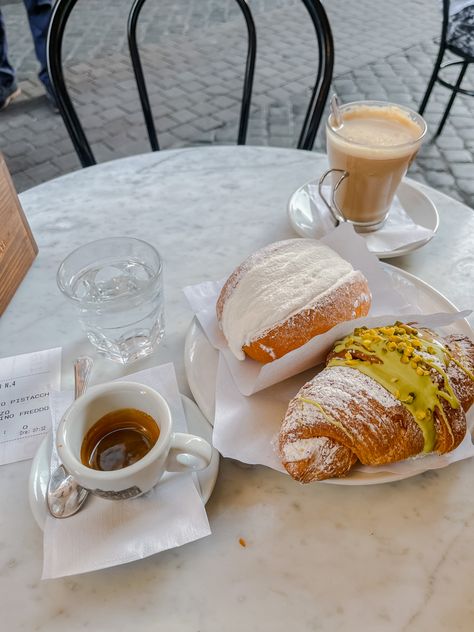 Café Trevi| Italy | Travel | Cornetto| Espresso| Maritozzo| Pastry Italian Pastries Aesthetic, Italian Cornetto, Espresso Italy, Aesthetic Trip, Summer Countdown, Sicily Food, Manifest Board, Landscape Reference, Italy Coffee