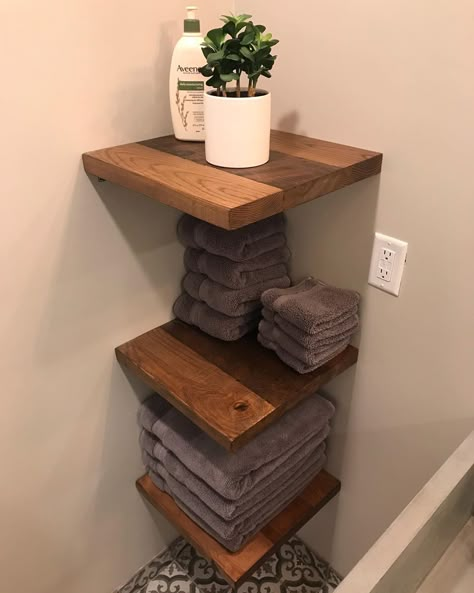 Porter Barn Wood on Instagram: “Floating corner shelves  Photo by @jessefitton  #bathroom #design #shelves #openshelving #reclaimed #reclaimedwood #woodwork #home…” Bathroom Corner Shelves For Towels, Small Bathroom Corner Shelves, Floating Corner Shelves Bathroom, Diy Bathroom Corner Shelves, Corner Towel Storage, Bathroom Corner Shelves Ideas, Corner Shelving Bathroom, Corner Floating Shelves Bathroom, Corner Bathroom Shelf Ideas