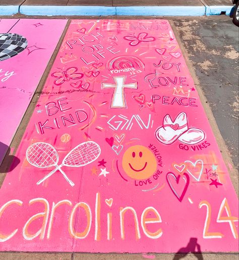 fun pink orange tennis jesus heart fabulousness Senior Parking Spot Inspiration, Pink And Orange Parking Spot, Pink Parking Spot Ideas, Senior Parking Spaces Preppy, Senior Parking Spaces Jesus, Jesus Senior Parking Spot, Bow Parking Spot, Parking Spots Senior, Spray Paint Parking Spot