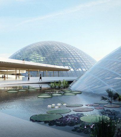 "The architectural concept is based on the already existing landscape plan and balances natural landscape, architecture, technological and ecological solutions," Delugan Meissl Associated Architects. Tropical, desert and aquatic plants will be housed in a trio of domed glass greenhouses at the centre of these botanical gardens for Taiyuan, China - Dezeen Greenhouse Architecture, Circular Plan, Botanical Center, Tropical Desert, Garden Planning Ideas, Dome Greenhouse, China Architecture, Elevator Design, Garden Architecture