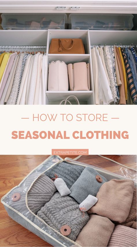 how to store seasonal clothing // on the blog: How to properly clean and store knit sweaters + winter boots to prevent pests, moisture and odors. Plus, the best bins, bags, cedar sachets and more to keep your wardrobe safe in storage. Clothes Storage In Closet, Closet Folded Clothes Storage, Sweater Storage Small Closet, Seasonal Closet Storage Ideas, Clothes Storage Organization, Seasonal Wardrobe Storage, Out Of Season Clothing Storage, Seasonal Clothes Organization, Storage For Seasonal Clothes