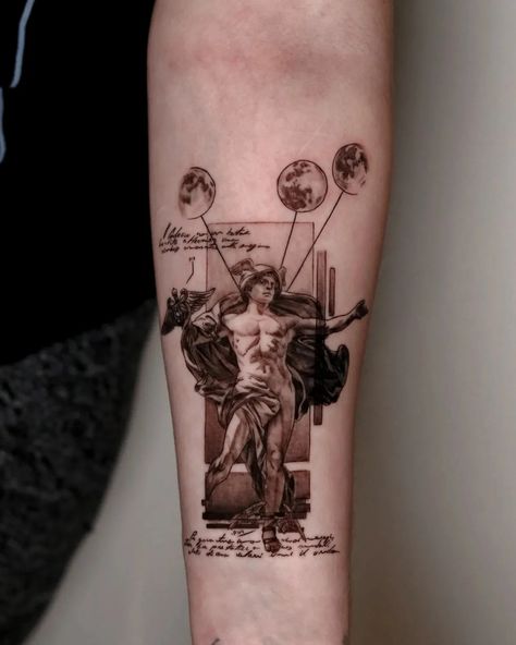 Micro realism of Hermes Messenger of the gods Hermes God Tattoo, Hermes Tattoo Design, Hermes Tattoo, I Am The Messenger, Micro Realism, Greek God Tattoo, God Tattoos, Mythology Tattoos, Original Tattoos