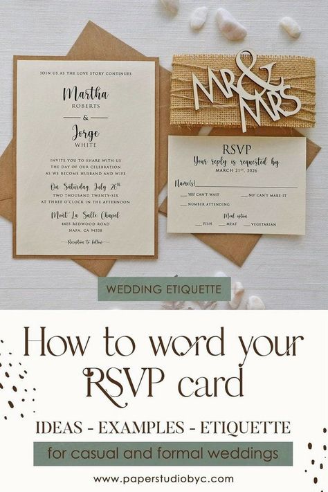 Are you stuck on what to write for your wedding RSVP cards? Finding the right wording that expresses the tone, style, and formality of your wedding can be hard. From examples of formal wedding invitations to destination weddings to alternative wording ideas, we have all the information you need to choose the right RSVP card message. Find more ideas here and let your guests know how to respond to your wedding invite! Wedding Etiquette, Wedding Rsvp Wording, Wedding Planning Checklist Timeline, Rsvp Wording, Ultimate Wedding Planning Checklist, Wording Ideas, Formal Wedding Invitations, Weddings By Color, Personalised Wedding Invitations