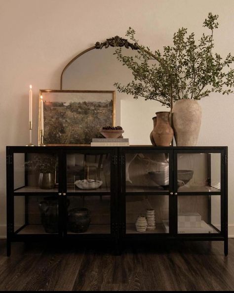 Dining Room Buffet Styling Decor, Dining Buffet Styling, Buffet Ideas Decor, Circle Coffee Table Decor, Moody Vase Decor, Buffet Cabinet Organic Modern, Amber Interiors Console Styling, Mirror Over Dining Buffet Modern Farmhousw, Amber Interiors Console Table