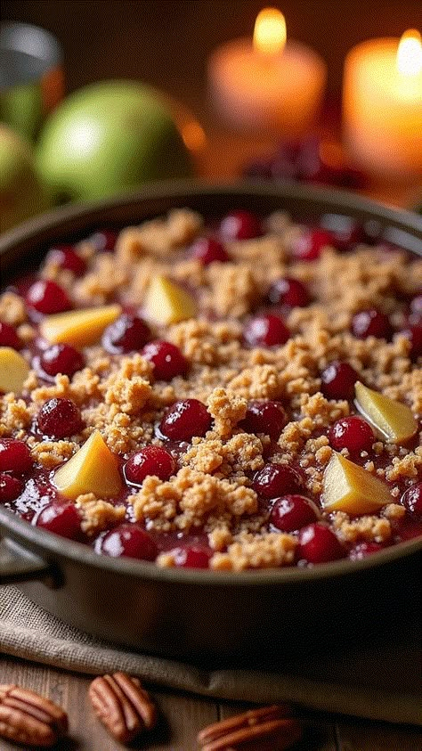 Spiced Cranberry Apple Crumble with Pecan Topping Apple Cranberry Cobbler Recipes, Apple Cranberry Dessert Recipes, Apple Pecan Crumble, Cranberry Apple Dessert Recipes, Cranberry Apple Cobbler, Apple Cranberry Dessert, Christmas Crumble, Apple Cranberry Crumble, Pecan Crumble Topping