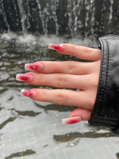 Red Aura Nails With Gold, Red Y2k Nails Almond, Red Textured Nails, Red And White Aura Nails, Red Aurora Nails, Clear Aura Nails, Croquette Nails Red, Star Aura Nails, Red And Pink Aura Nails