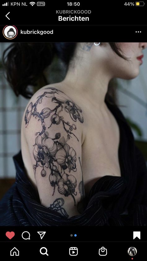 Porcelain Tattoo Black, Japanese Style Orchid Tattoo, Tattoo Half Sleeve Women Forearm, Dark Orchid Tattoo, Black And Grey Orchid Tattoo, Japanese Orchid Tattoo, Orchid Chest Tattoo, Black And White Orchid Tattoo, Orchid Sleeve Tattoo