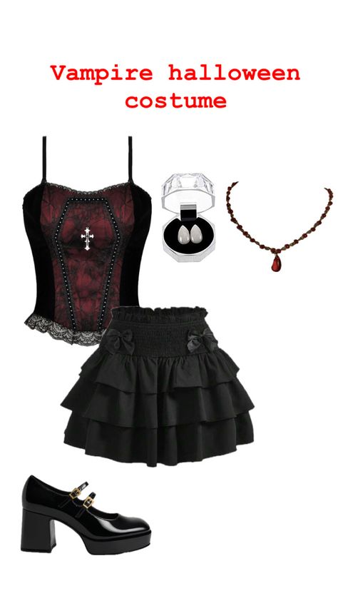 Halloween, vampire , monster , dracular , costume, mary janes , necklace, ruffel skirt, corset top , red, Red Skirt Halloween Costume, Diy Vampire Costume Women Outfit, Halloween Costumes Vampire Women, Vampire Girl Outfit, Halloween Vampire Costumes Women, Vampire Costume Ideas Women, Teen Vampire Costume, Cute Vampire Costume, Vampire Skirt