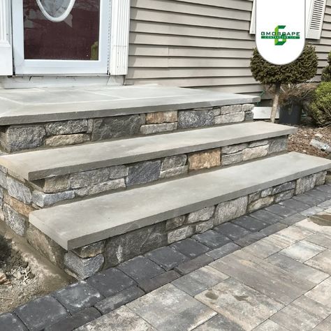 📞Contact us at: (203) 343-0904 for a Free estimate on your patio project in Connecticut #landscape #pooldecks #outdoorliving #backyarddesign #easthartford #patio #design #landscaping #decks Exterior Front Steps, Patio With Steps Down From House, Backdoor Steps To Patio, Connecticut Landscape, Front Porch Stone Steps, Stoop Ideas, Fireplace Outdoors, Front Porch Stone, Patio Stairs