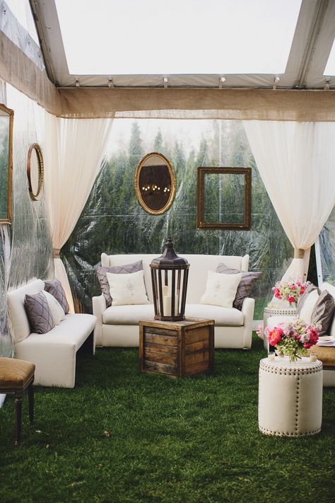 A pretty lounge area brings the outdoors in. Wedding Outside, Indoor Tents, Backyard Wedding Ceremony, Diy Tent, Wedding Lounge, Tent Decorations, Event Favors, Ceremony Seating, Wedding Tent