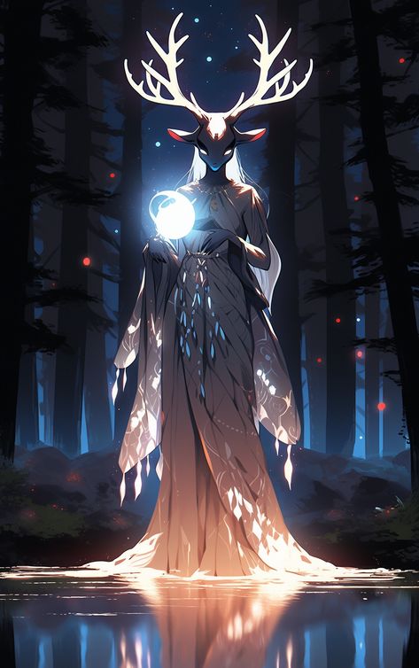 Deer Goddess Art, Fae Realm Aesthetic, Human Deer Character Design, Dnd Archfey, Deer Oc Human, Deer Hybrid Human, Deer Character Design, Faun Oc, Deity Oc