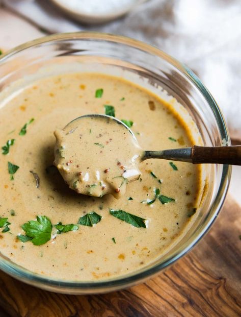 This creamy Dijon mustard sauce is a delicious and easy way to add tangy and savory flavor to your next main course. Made with two kinds of mustard and rich heavy cream, it is a foolproof recipe that is lick off the spoon delicious. Dijon Cream Sauce, Dijon Mustard Sauce, Creamy Dijon, Mustard Cream Sauce, Creamy Mustard Sauce, Cream Sauce Recipes, Roast Beef Recipes, Gravy Sauce, Cooking Sauces