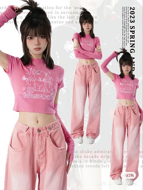 Pink Korean Outfit Aesthetic, Pink And White Streetwear Outfit, Pink Kpop Fashion, Pink K Fashion, Korean Barbie Outfit, Korean Pink Fashion, Pink Yk2 Outfits, Y2k Cute Outfits Pink, Pink Techwear Outfit