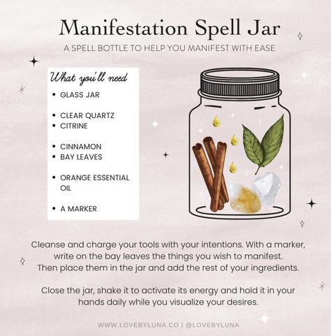 Manifestation Jar Spell, Magic Jar Illustration, Manifestion Spell, New Moon Spell Jar, Easy Spell Jars Recipes, Success Spell Jar, Manifesting Spells, Manifestation Spell Jar, Manifest Spell