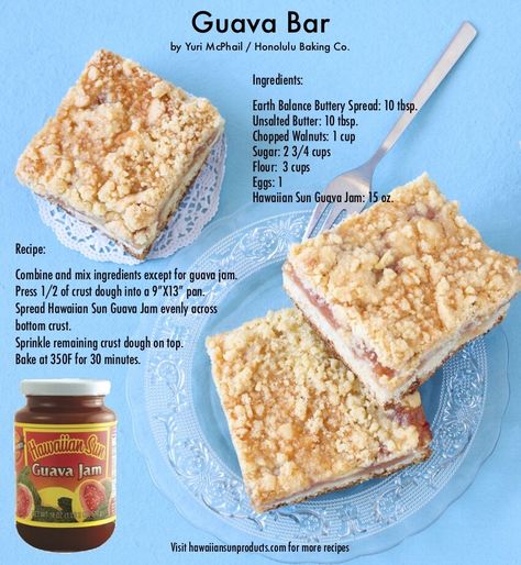 Hawaiian Sun - NEWS - Guava Bar Recipe Hawaiian Baked Goods, Guava Chicken Hawaiian, Guava Jam Desserts, Hawaiian Christmas Cookies, Hawaii Deserts, Guava Bars Recipes, Guava Bars, Guava Cookies, Fejoa Recipes