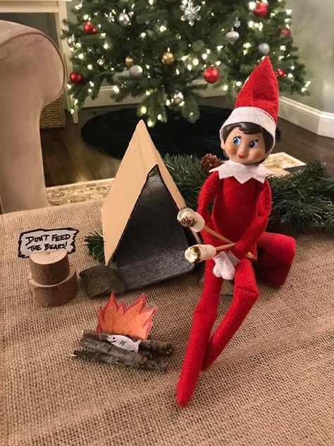 Camping Elf on the Shelf Elf Parachute, Elf Camping, Elf On The Shelf Camping, Elf Ideas Easy, Elves Gift, Awesome Elf On The Shelf Ideas, Food Decorations, Elf Activities, Xmas Elf