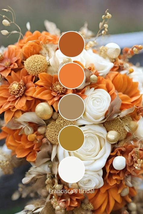 Create Wedding Color Palette, Unique Colors For Wedding, Wedding Color Burnt Orange, Burnt Orange Wedding Palette, Burnt Orange Summer Wedding, Summer/fall Wedding Colors, Tangerine Wedding Theme, Color Palette Wedding Fall, Pallet Color Ideas