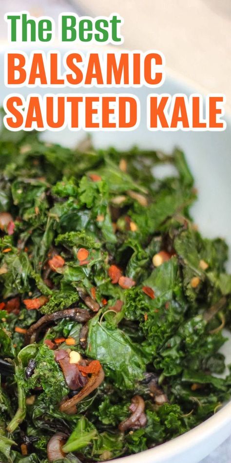 This sautéed kale and onions with balsamic vinegar is sure to become a family favorite salad, especially during the summer. This recipe is perfect for vegan, vegetarian, keto, or gluten-free diets. Kale Salad With Balsamic Vinaigrette, Low Carb Kale Salad, Sautéed Kale Salad, Dishes With Kale, Healthy Greens Recipes, Kale Keto Recipes, Keto Kale Recipes, Kale Side Dish Recipes, Kale Recipes Salad