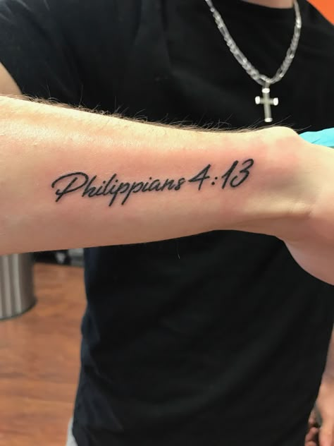 I can do all things through Christ who strengthens me. Philippians 4-13 Philippians Tattoo, Philippians 4 13 Tattoo, Font Tato, Scripture Tattoos, 13 Tattoo, Bible Tattoos, Christian Tattoo, Verse Tattoos, Christ Tattoo