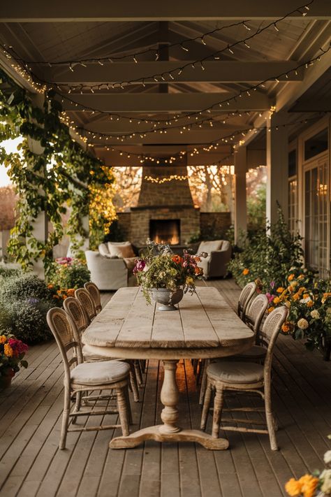 Cozy outdoor dining area with string lights, wooden table, and chairs surrounded by lush plants and flowers. Simple Outdoor Patio, Porch Dining Area, Dining Room Outdoor, French Outside Patio, Patio Entertaining Ideas, Porch Dining Room, Outdoor Open Patio Ideas, Sunroom Party Ideas, Long Patio Decorating Ideas